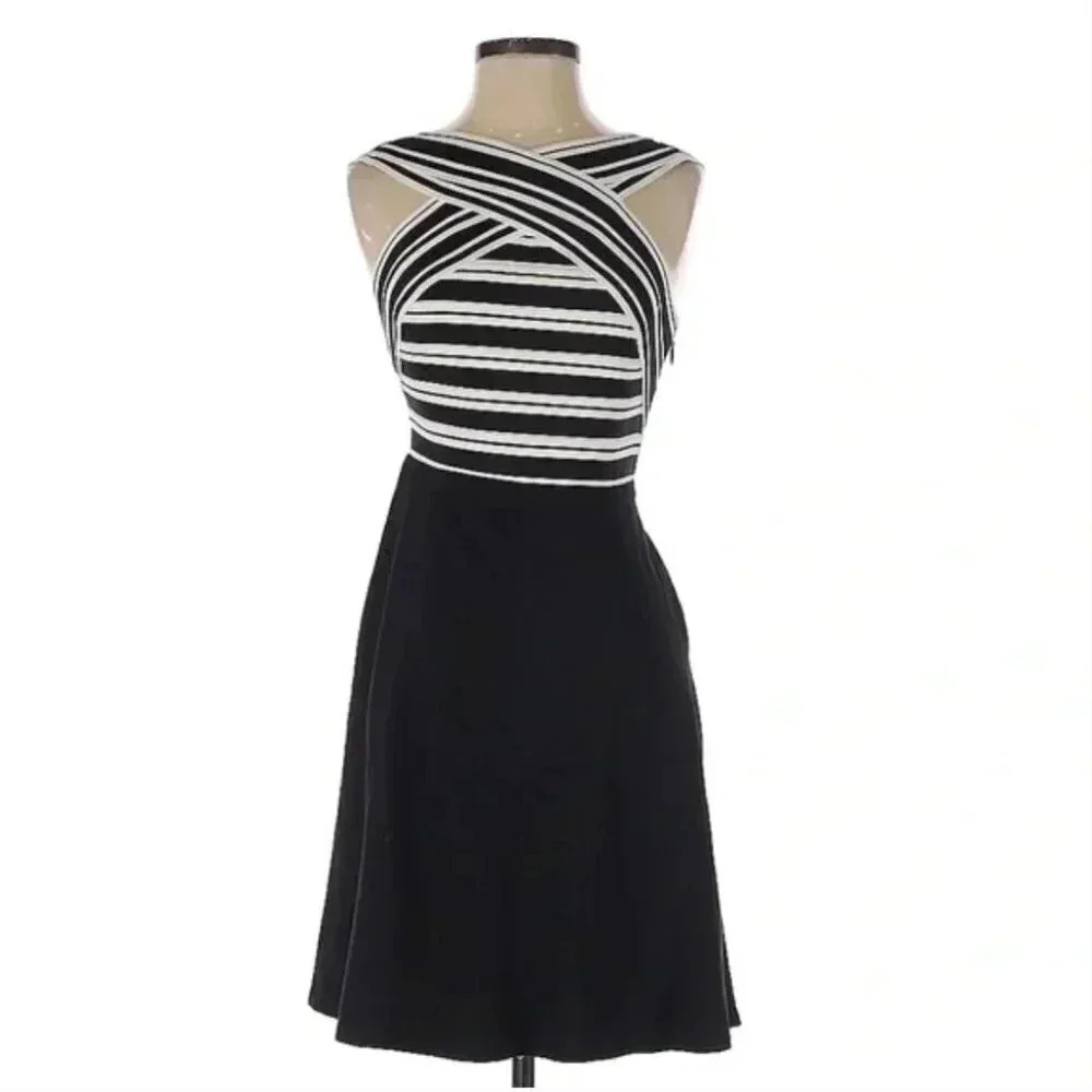 Anthropologie Maeve Crosswise Flare Striped Bandage Black White Dress Size 4 - Picture 3 of 7